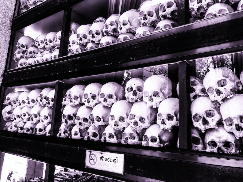 Thousands of human skulls are stacked in the memorial pagoda at the heart of the Choeung Ek Genocidal Center