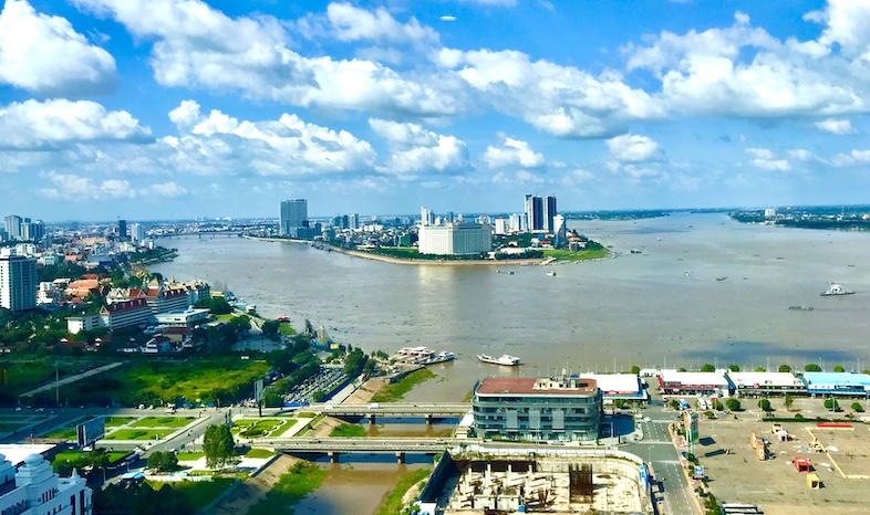 The Mekong River, at right, is joined by the Tonlé Sap, a major tributary, in the heart of Phnom Penh. 