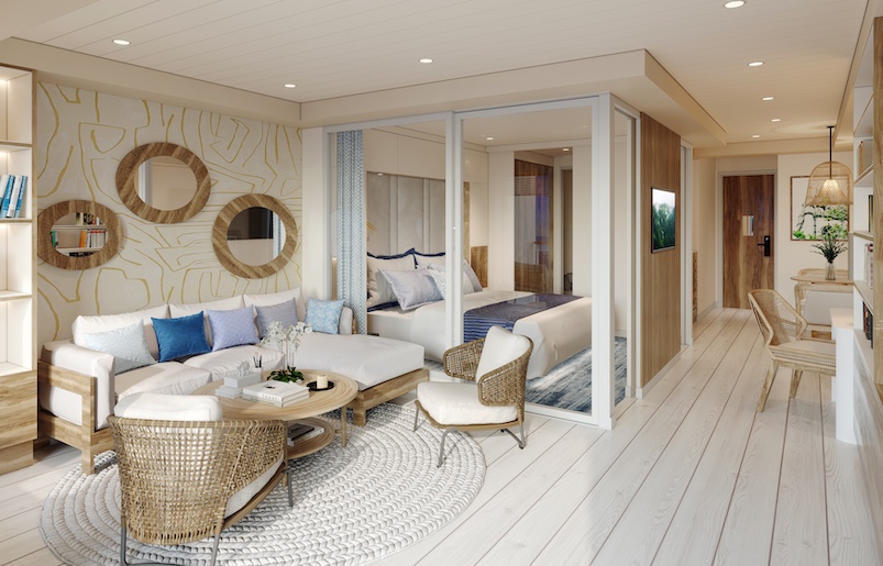 Under construction for Storylines, based in Florida, is a 530-unit residential cruise ship. The RU3 Indulge unit includes a glass-enclosed bedroom, dedicated workspace and wet bar. It’s 538 square feet and starts at $2.7 million.