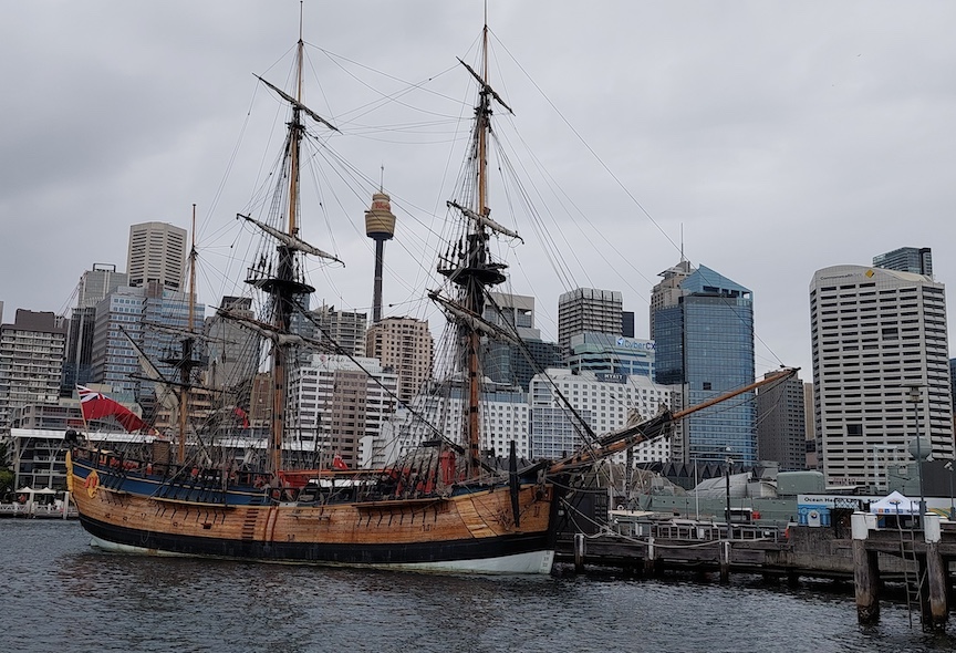 The HMB Endeavour replica moored at the Australian National Maritime Museum in Sydney. Launched in 1993, the exact replica of James Cook’s Endeavour used during his first exploratory voyage around the world still goes out on sailing adventures.