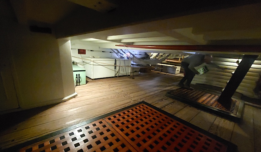 Below deck aboard the HMB Endeavour, this area with a very low ceiling leads to the Great Cabin where then Lieutenant James Cook worked and dined with mission scientists and fellow officers. 