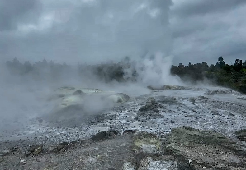 The Pohutu Geyser erupts with a giant plume of steaming water