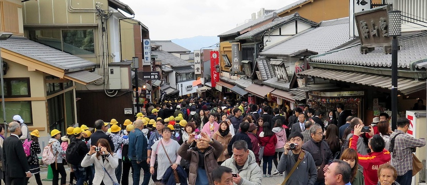 The approach to Kyoto's Kiyomizu Temple is crowded year around. 