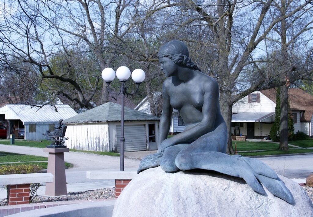 Inside the Hans Christian Andersen Sculpture Garden, north of Elk Horn, Iowa, is a replica of Denmark’s Little Mermaid.