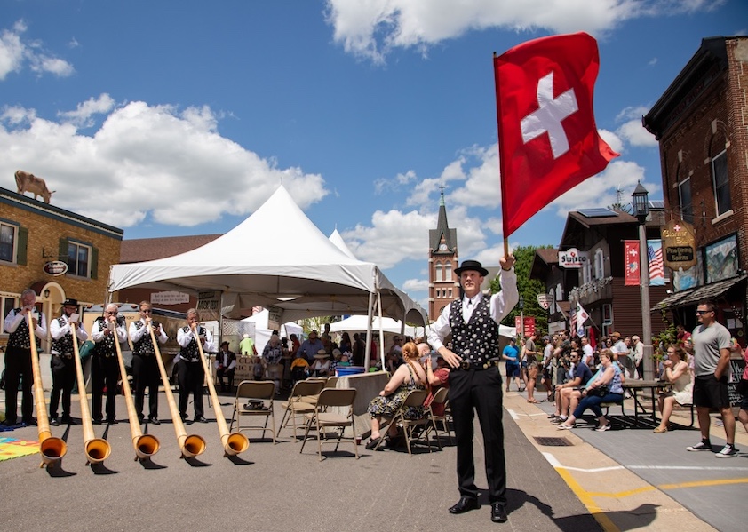 Meters-long alphorns are a customary part of Swiss-themed festivals in New Glarus, Wis.