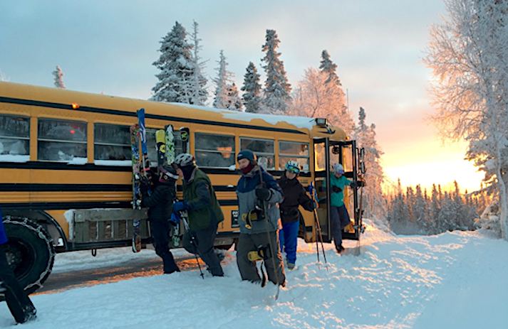 School buses at Moose Mountain Ski Resort serve as the uphill "lifts." 