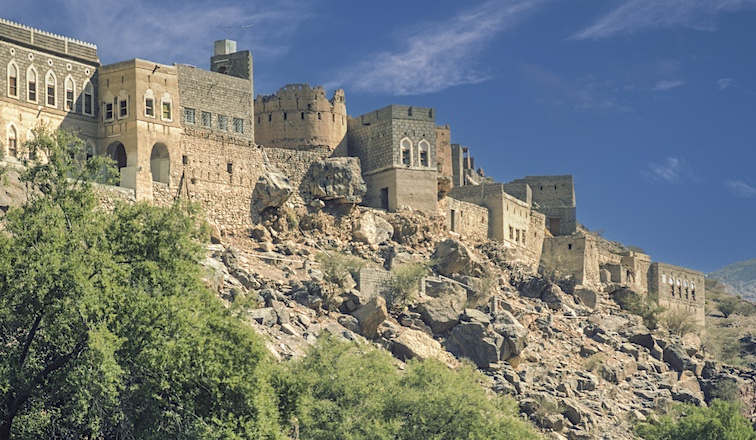 Al Ulya's old residential housing overlooks the wadi floor of Oman's Wadi Bani Kharus.