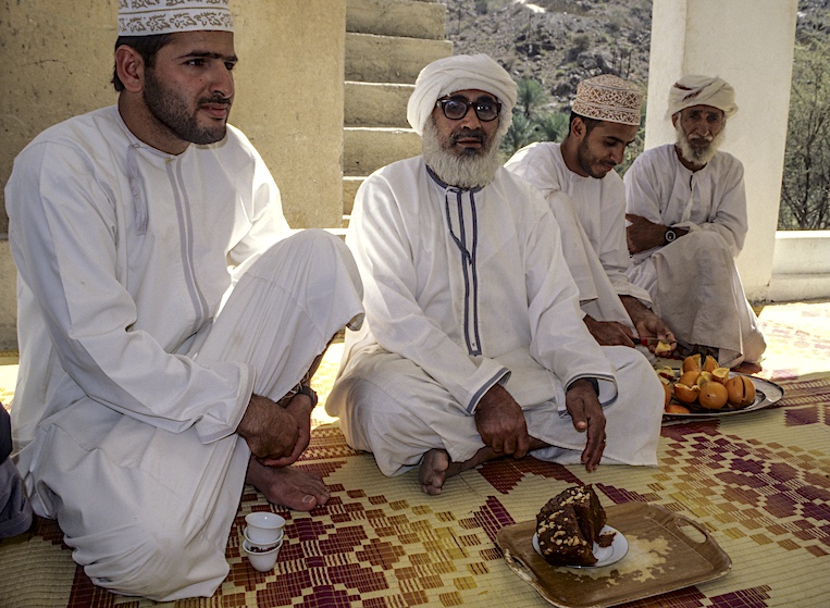 Wadi Bani Kharus, Oman. Arab Hospitality: coffee, halwa (sweets), and oranges for a foreign guest. 