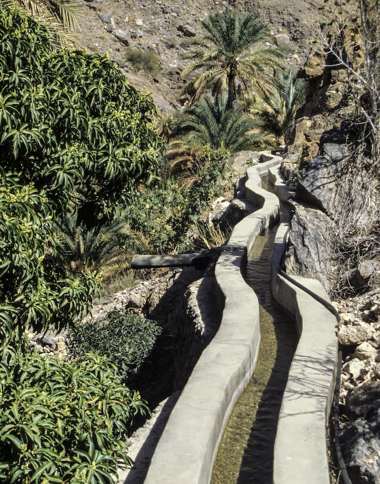 Canal carrying water to agricultural terraces at the base of Wadi Bani Kharus. 