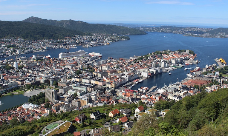 The dramatic sweeping view of Bergen’s harbor and waterways as seen from atop Mount Fløyen.