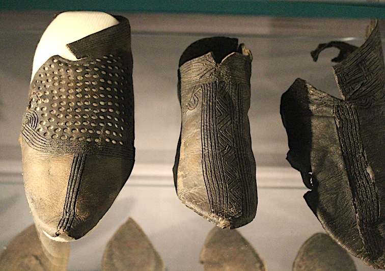 Medieval shoes in the Bryggen Museum, surprisingly in good condition, that were unearthed after fire destroyed the harbor-front buildings in 1955. 