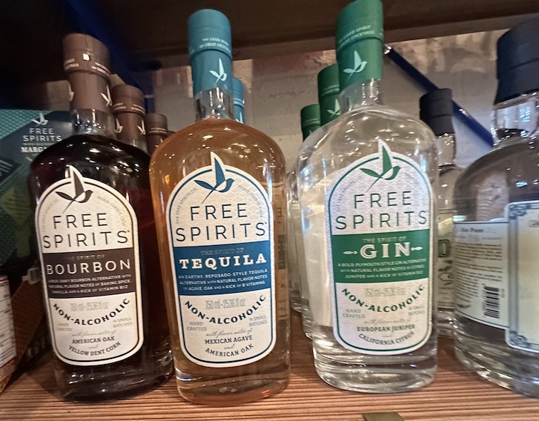 Nonalcoholic Bourbon, Tequila and Gin on the shelf of an American super market.