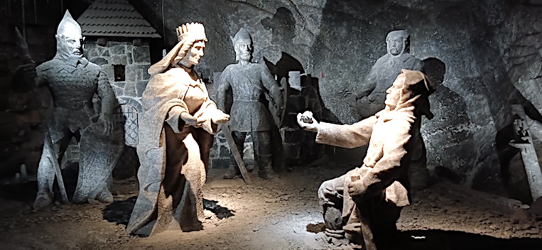 Deep in the Wieliczka Salt Mine one of the intricately carved statues shows a miner handing the Polish Queen a lump of salt. 