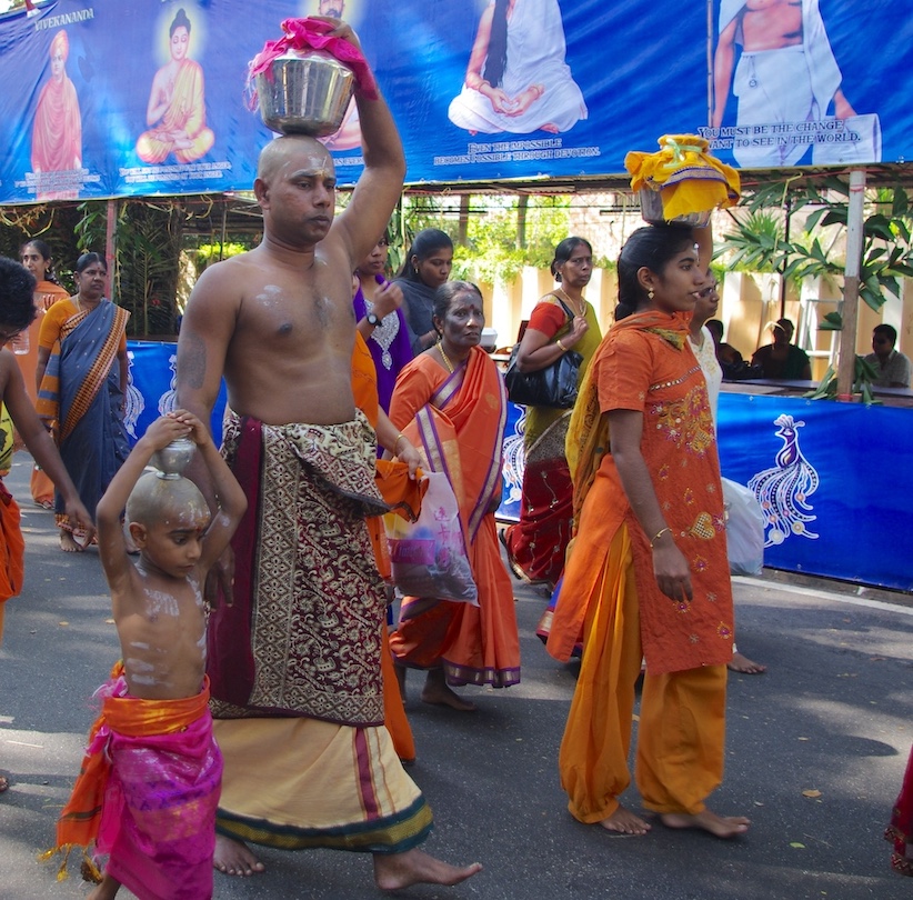 Thaipusam devotees with milk purification offerings. 